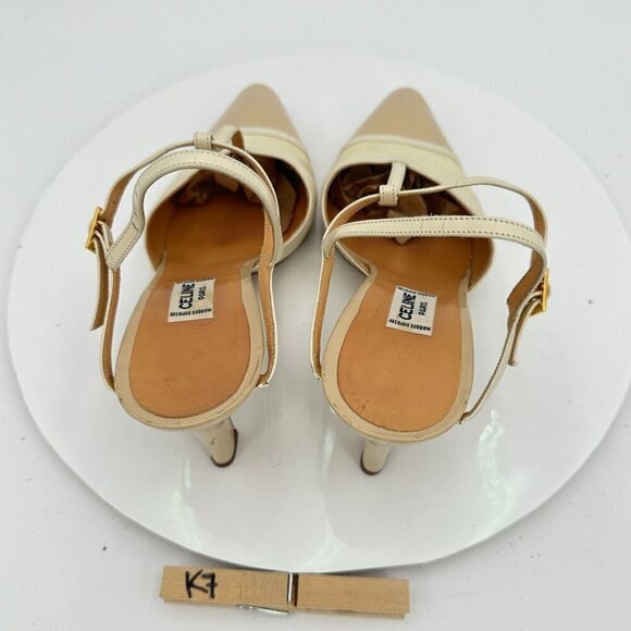 Celine Women Size EU 37.5 US 7 Cream Tan Pointed Toe T strap Heel Pump Sandal - Picture 11 of 16